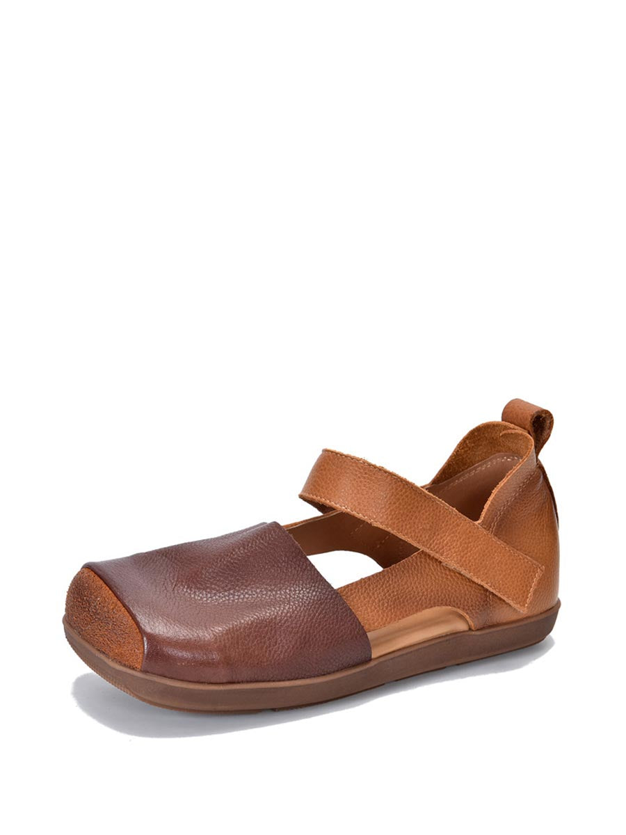 Women Vintage Summer Leather Colorblock Flat Shoes BN1003