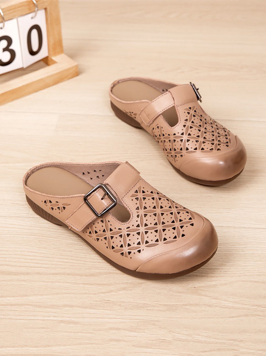 Heel Hollow Out Genuine Low Leather Women Shoes Vintage