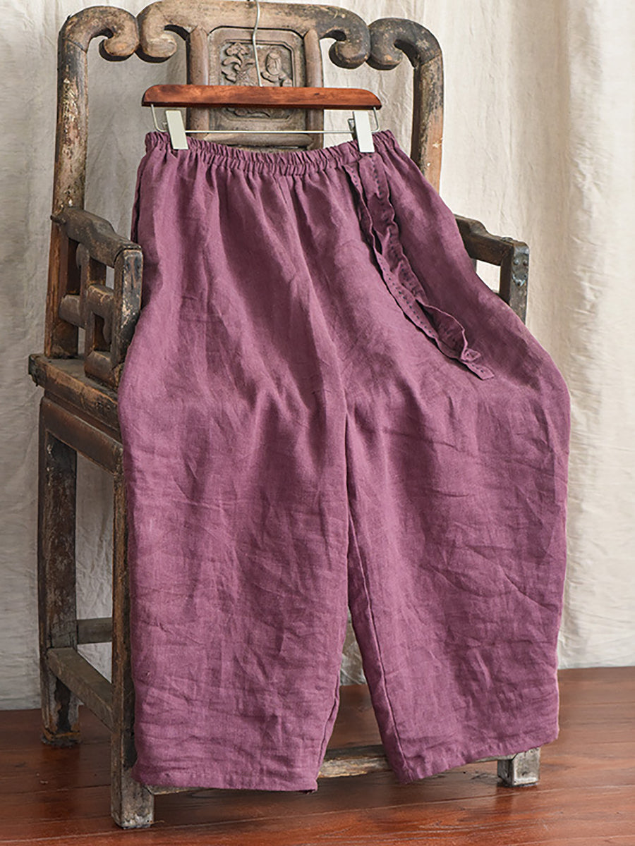 Damen Casual Solid Kordelzug Lose Leinen Rübenhose CX045