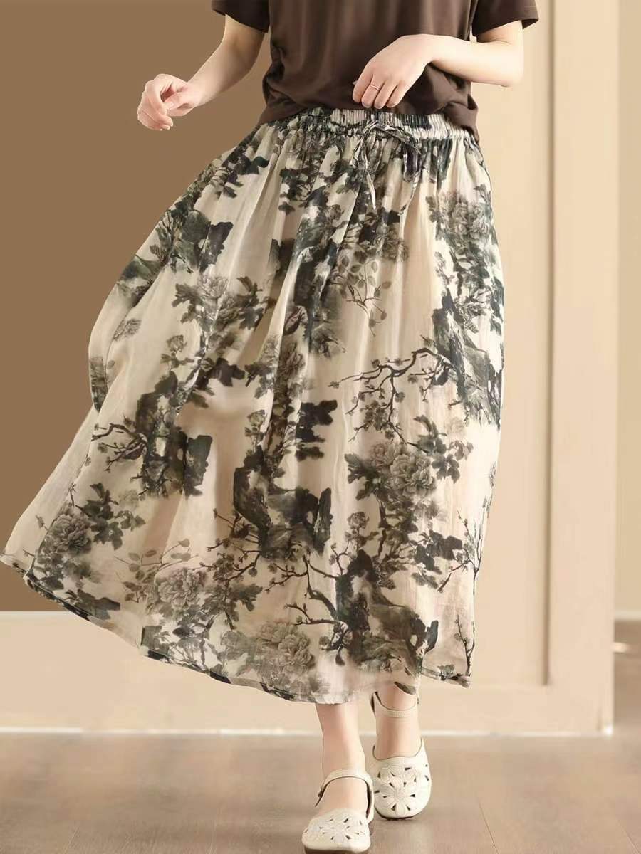 Women Vintage Summer Flower Ramie Loose Skirt QW1006