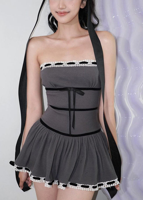 Robe sans manches en coton, coupe ajustée, mini-épaule, nœud, slim, grise
