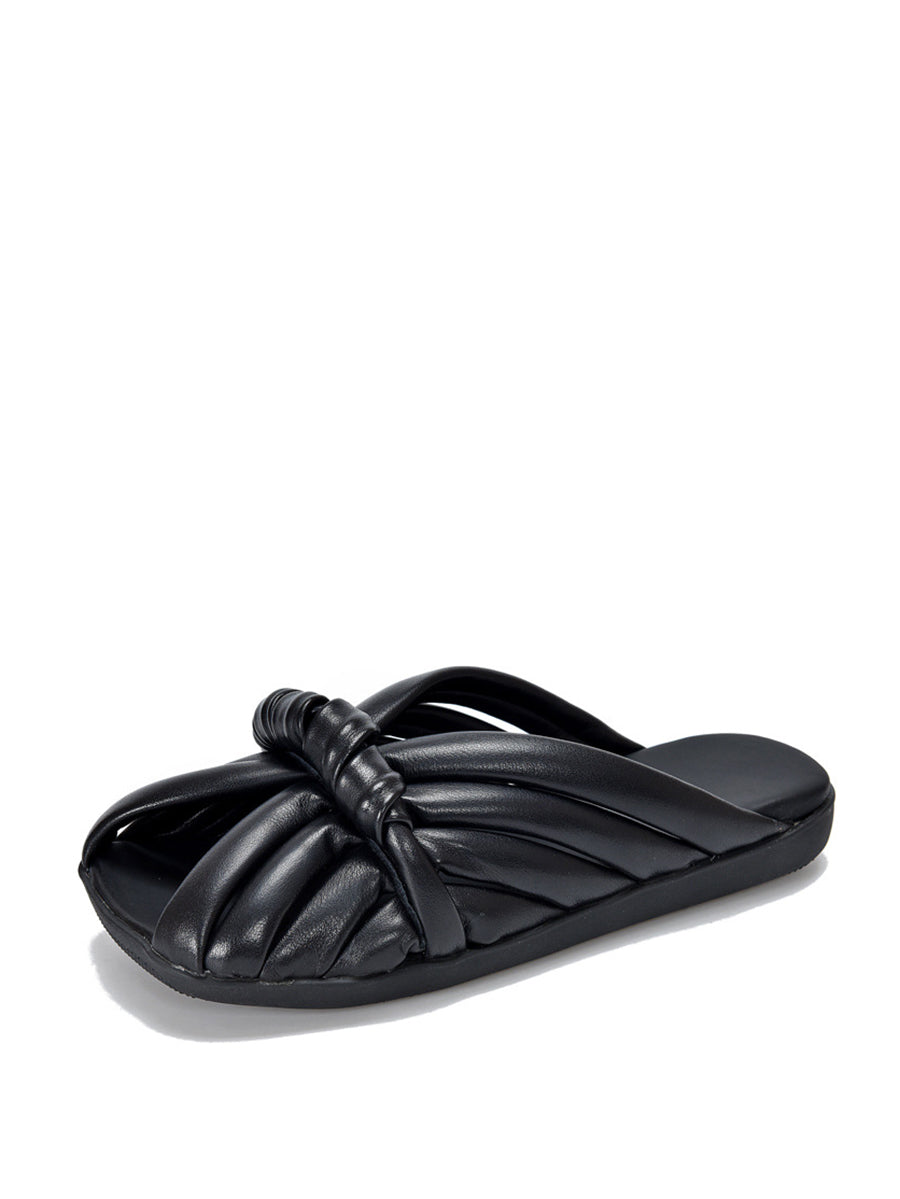 Damen Sommer Einfarbig Leder Weben Flache Hausschuhe UI1022