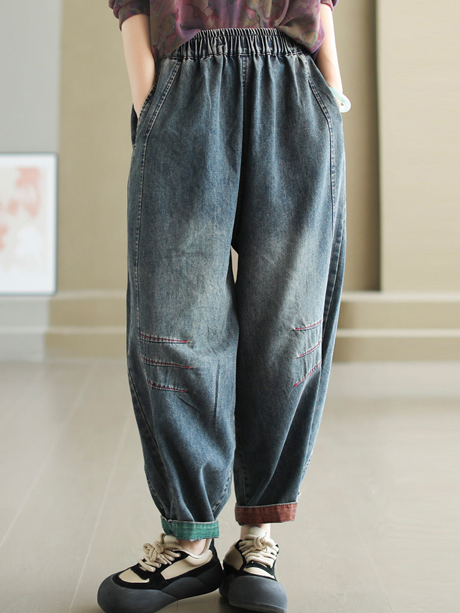 Women Autumn Artsy Spliced Denim Harem AH1038