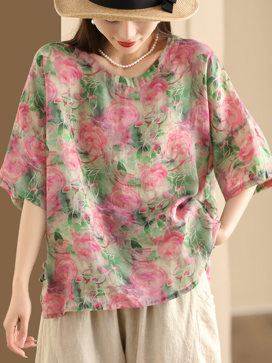 Damen Artsy Floral Sommer Ramie Pullover Shirt KL1016