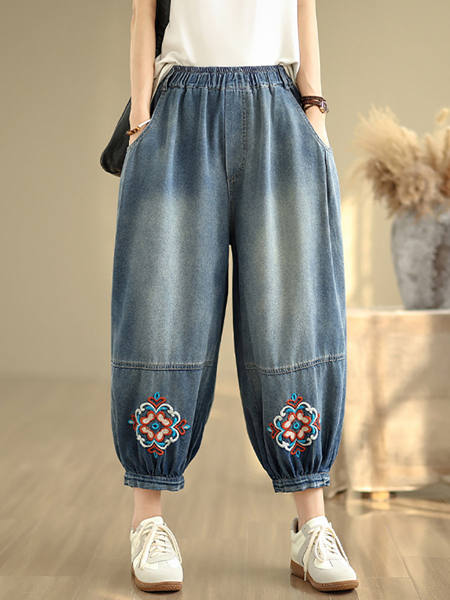 Denim Blume Frauen Hosen Harem Stickerei Retro