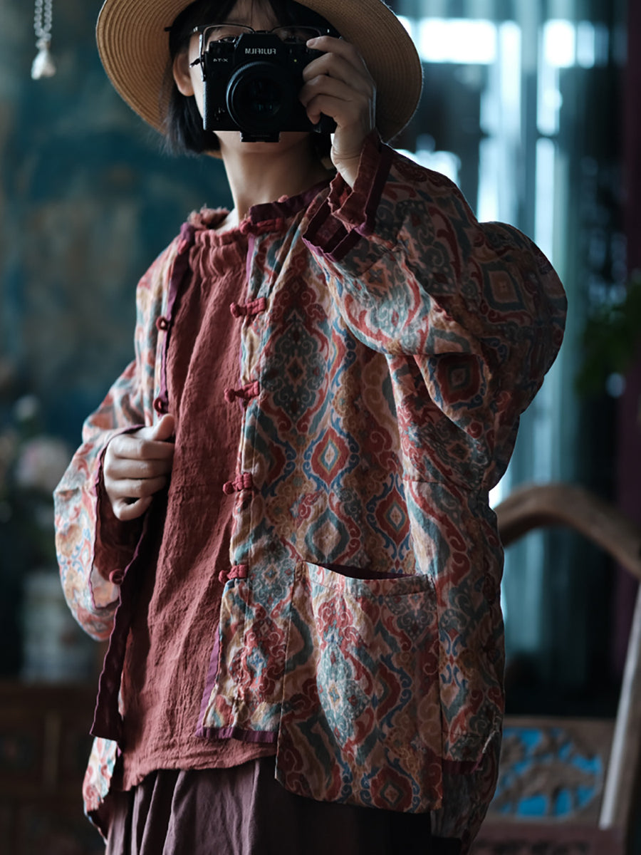 Women Vintage Spring Colorblock Flower Ramie Shirt Coat CO1031