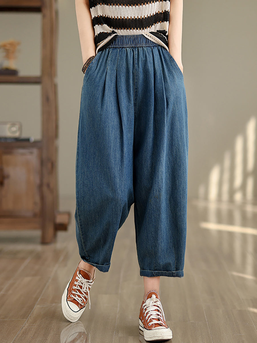 Pantalon sarouel ample en denim uni vintage pour femme OP1007