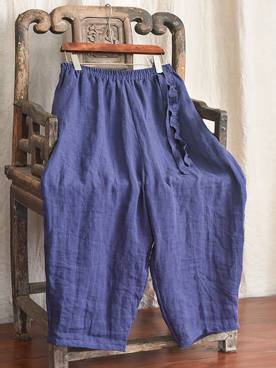 Damen Casual Solid Kordelzug Lose Leinen Rübenhose CX045