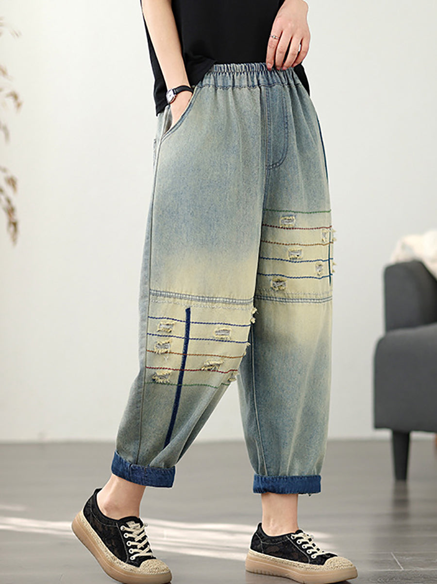 Pantalon sarouel rétro en denim effiloché pour femme