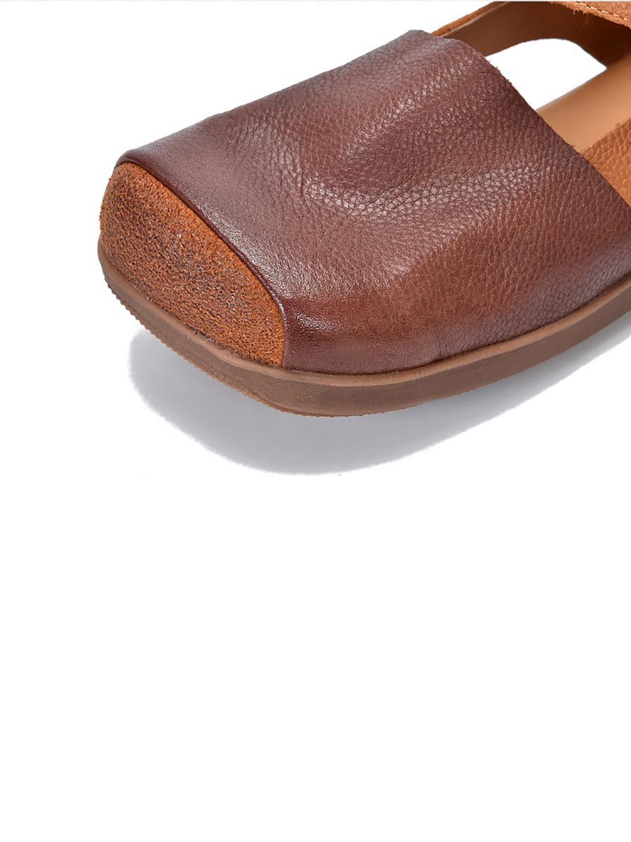 Women Vintage Summer Leather Colorblock Flat Shoes BN1003