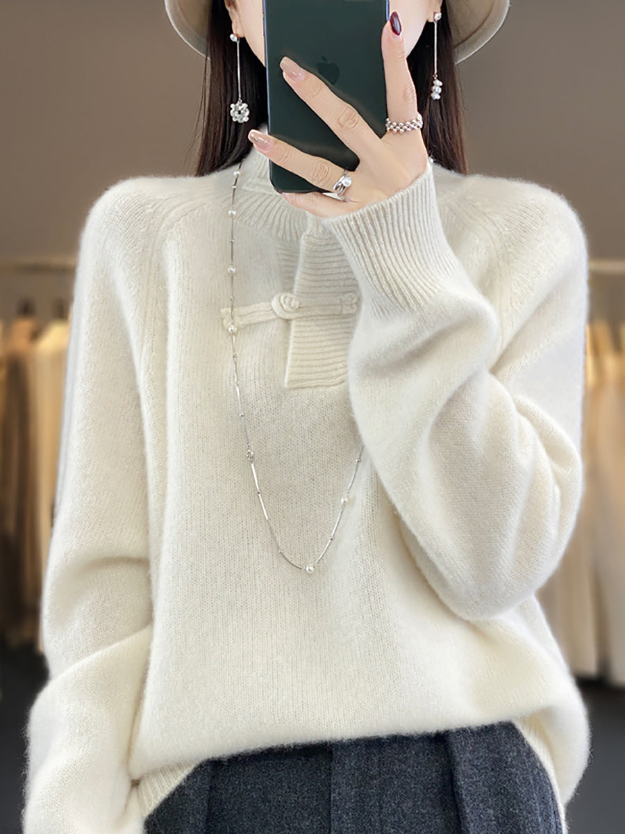 Pull à boucle 100 % laine à col roulé vintage pour femme, automne BA1040