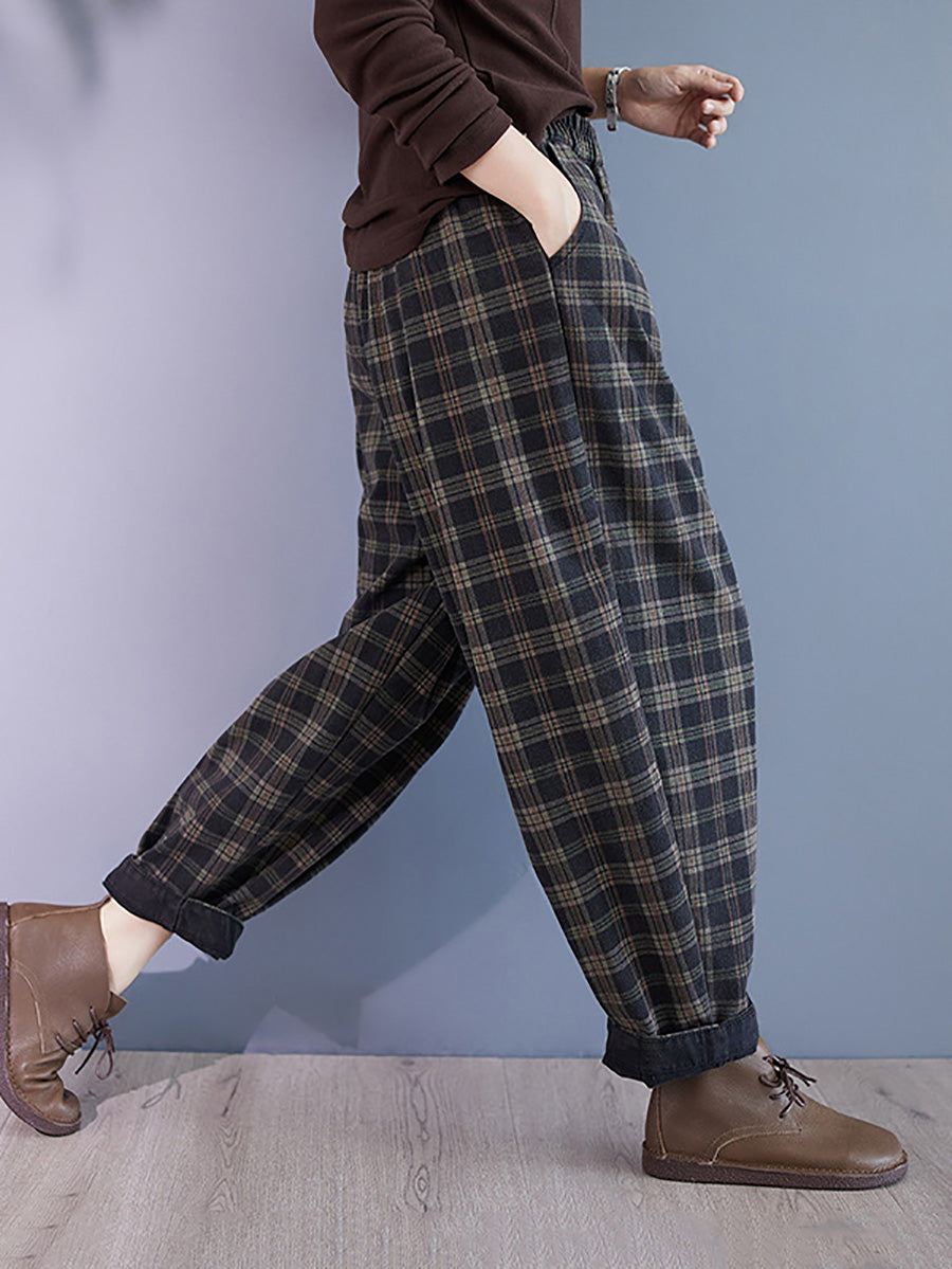 Pantalon sarouel en coton épais à carreaux rétro pour femme BA1036