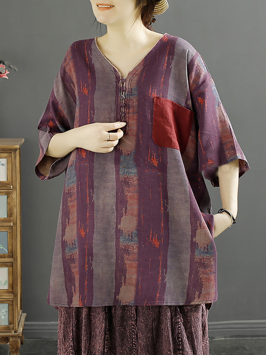 Damen Sommer Bluse aus Baumwolle mit V-Ausschnitt und Blumenmuster KL1010