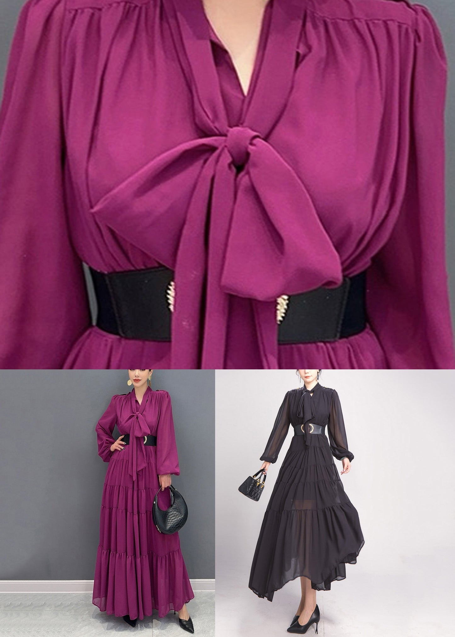 Schickes lila V-Ausschnitt Patchwork Party Chiffon Langes Kleid Herbst AO1040