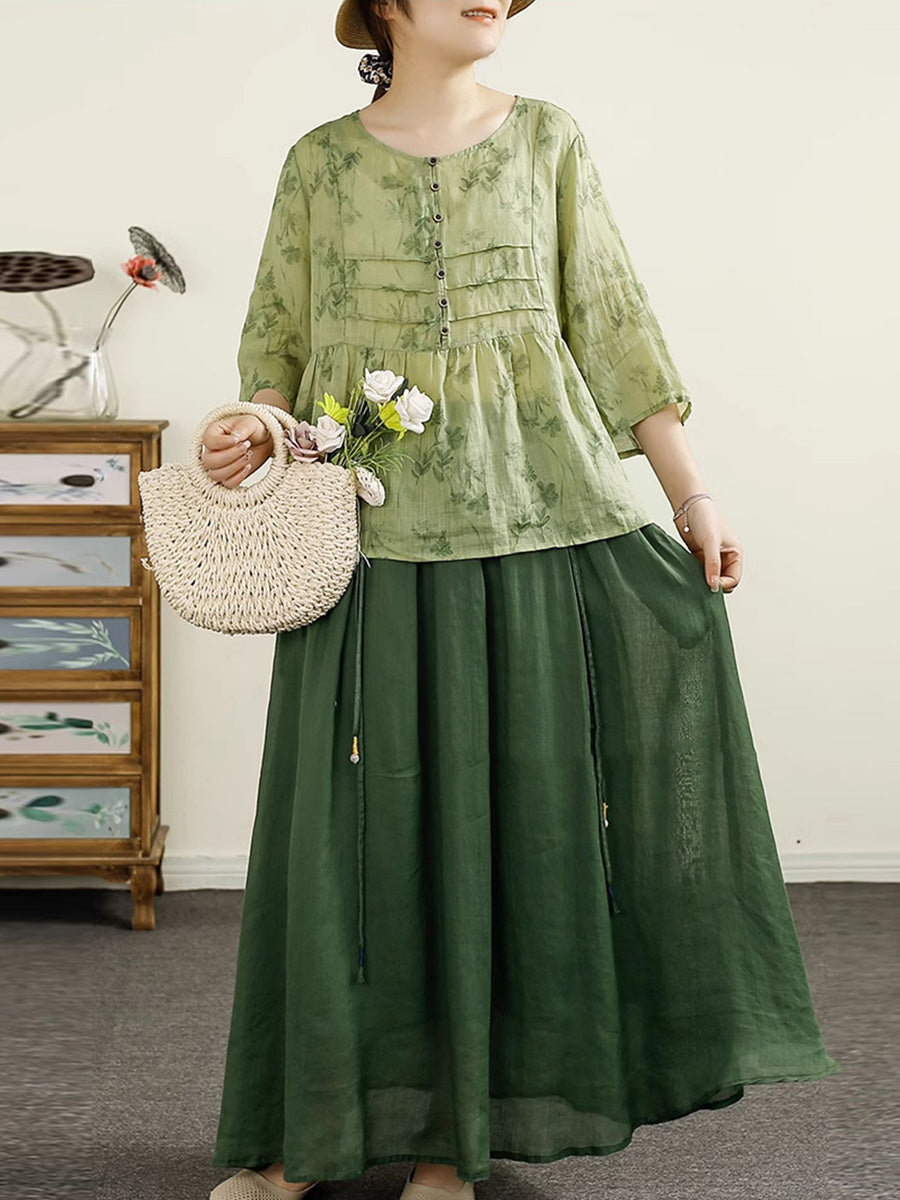 Frauen Sommer Artsy Floral Knopf Gespleißt O-Ausschnitt Ramie Shirt HH003