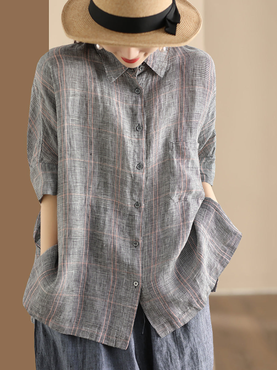 Damen Retro Sommer Karierte Leinen Bluse mit Knopfleiste CO1006