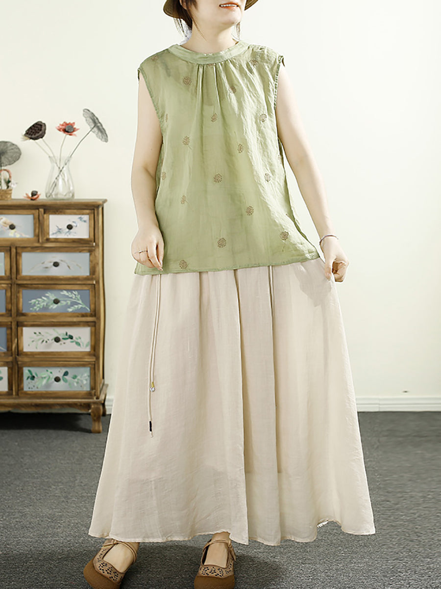 Frauen Sommer Artsy Stickerei Stehkragen Ramie Weste HH021