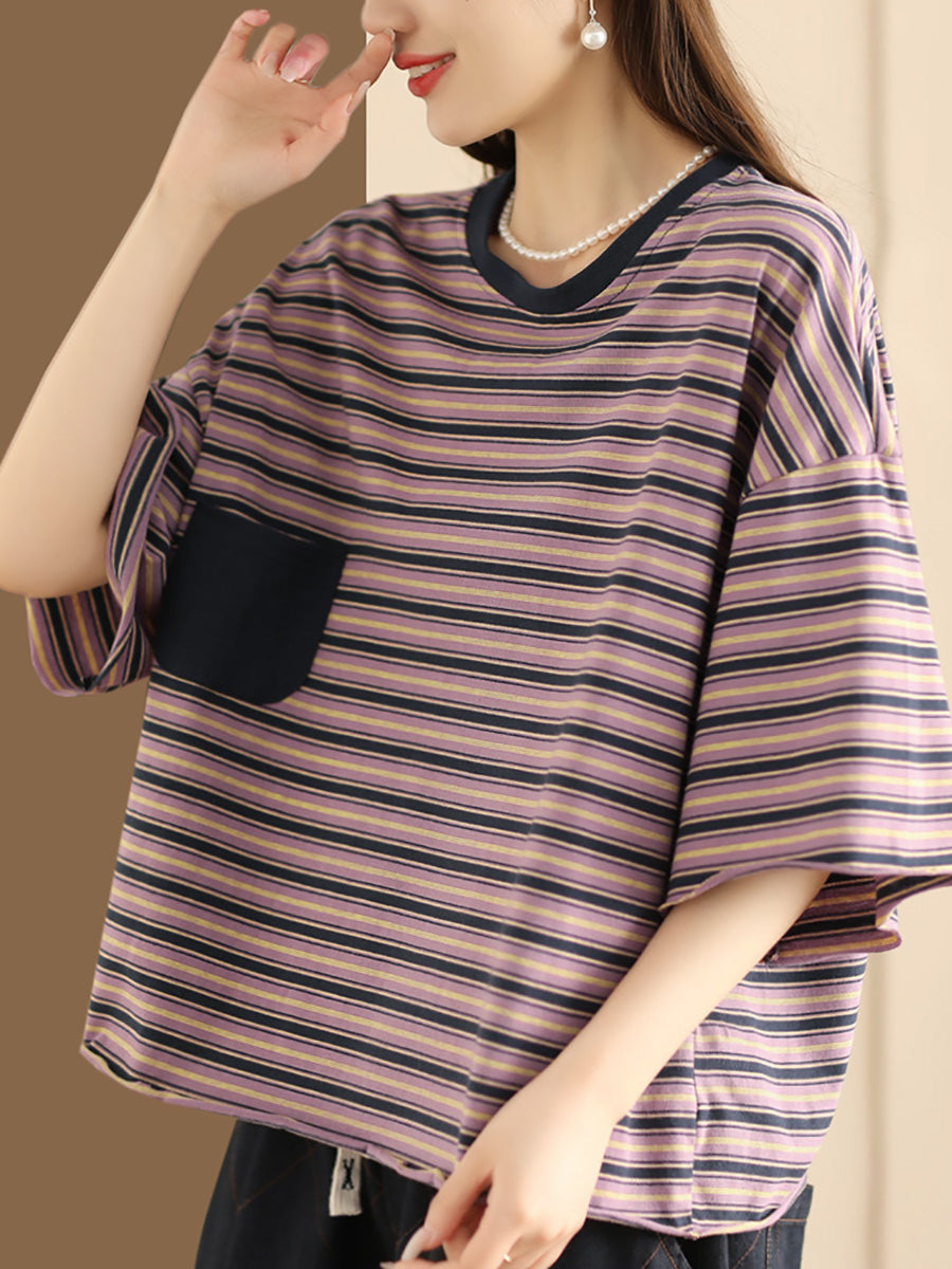 Women Casual Summer Stripe Spliced Loose Shirt AH836