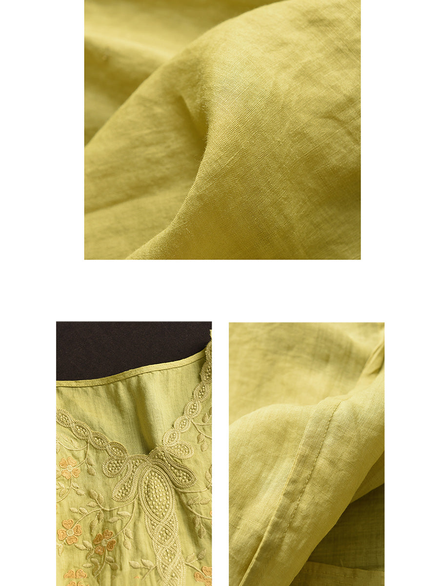 Damen Sommer Artsy Blumenstickerei Ramie V-Ausschnitt Shirt CC030