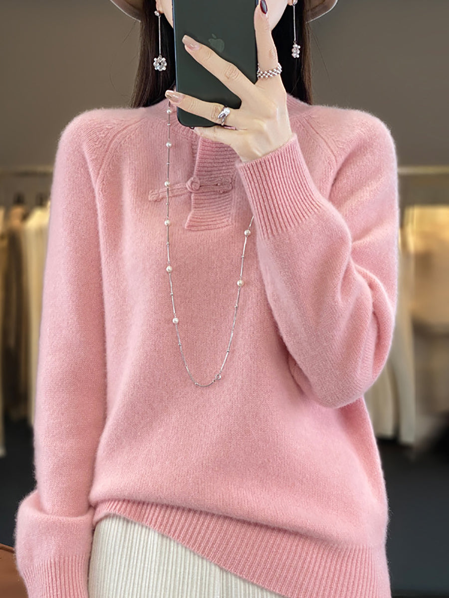 Pull à boucle 100 % laine à col roulé vintage pour femme, automne BA1040