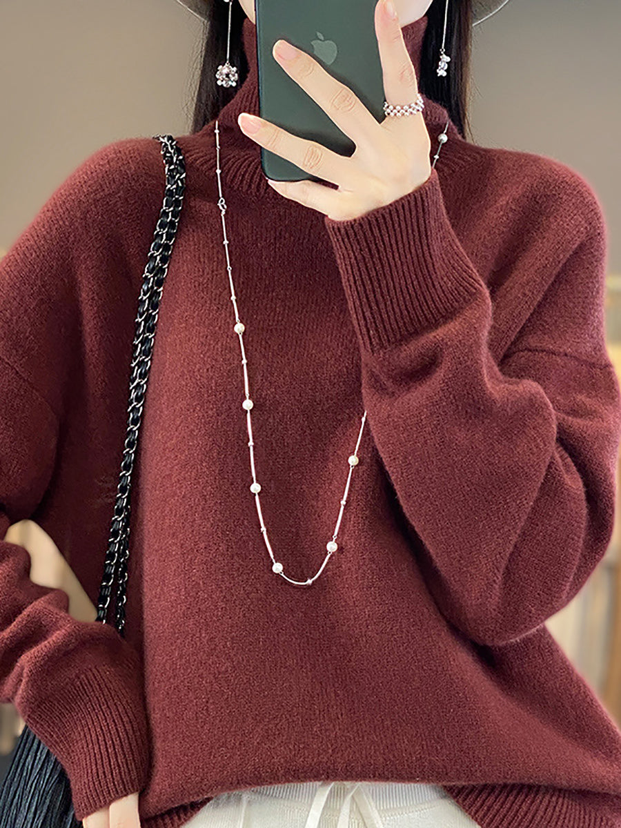 Damen Herbst Casual Rollkragen Solide 100% Wolle Pullover QU012