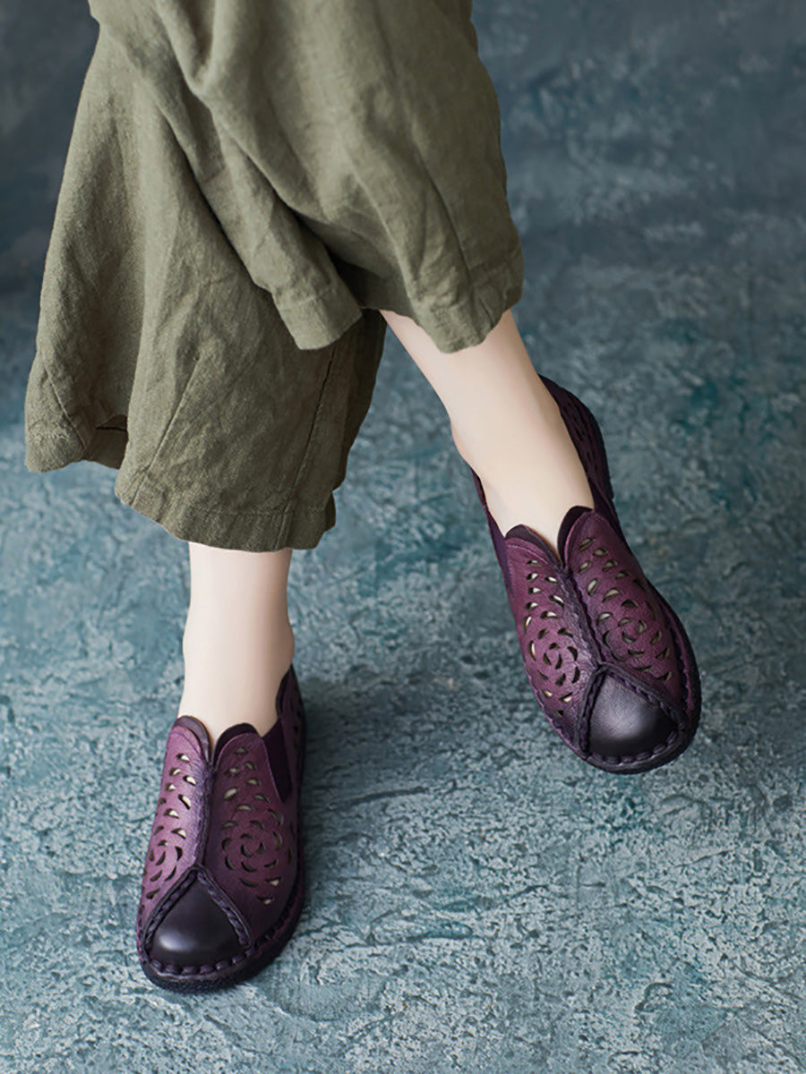 Women Summer Genuine Leather Cutout Spliced Falt Shoes AH435