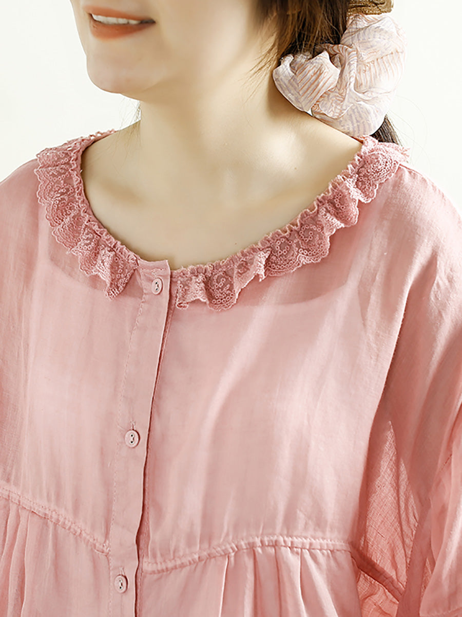 Damen Artsy Solid Lacework Button-up Ramie Shirt HH043