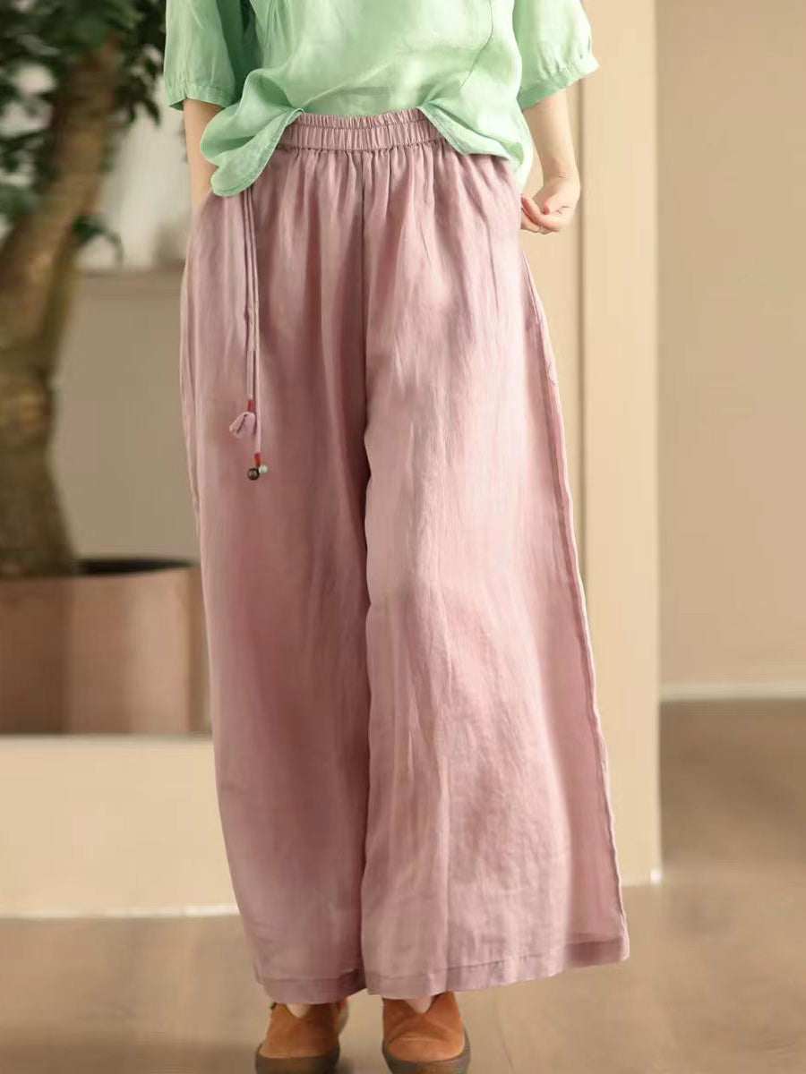 Pantalon d'été en ramie à jambe large et double épaisseur pour femme FD049