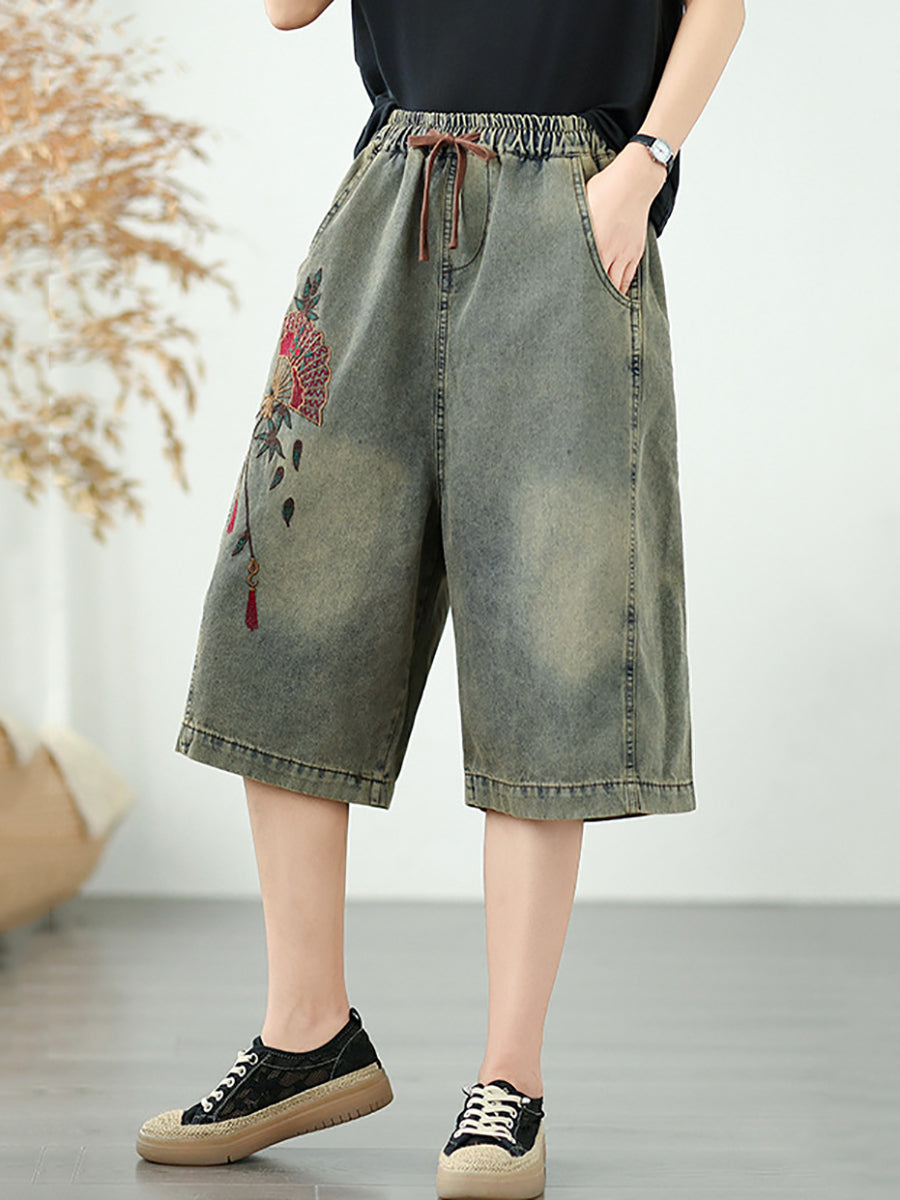 Gerade Stickerei Frauen Denim Fünfte Hosen Blume Retro