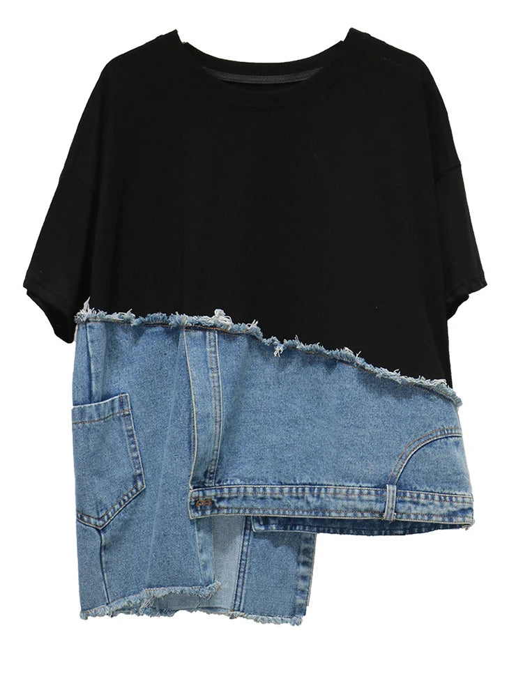 T-shirt court blanc à manches patchwork et ourlet rond en denim Street