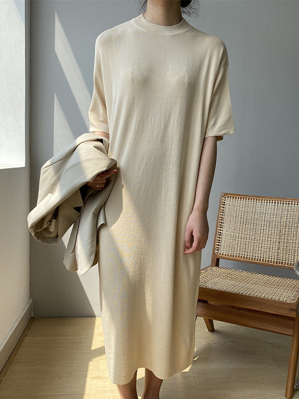 Robe pull à manches courtes fendue à col rond mauve Temperament AN1057