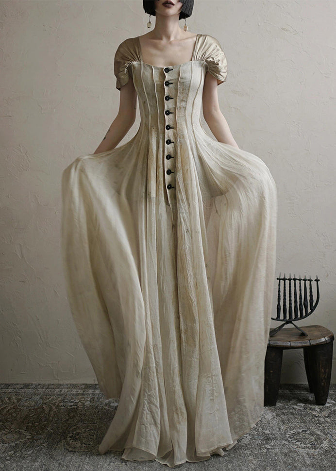 Robe longue d'été vintage à col boutonné carré