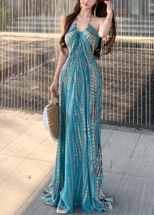 Robe imprimée sans manches dos nu bleu vacances coton élégant