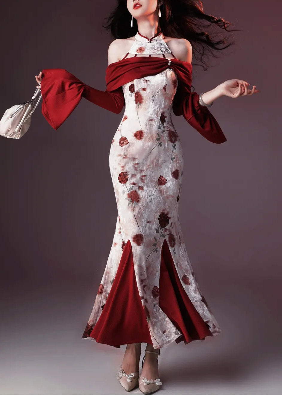 Samtdruck Patchwork Fishtail Chic Seide Rot Flare Kleider
