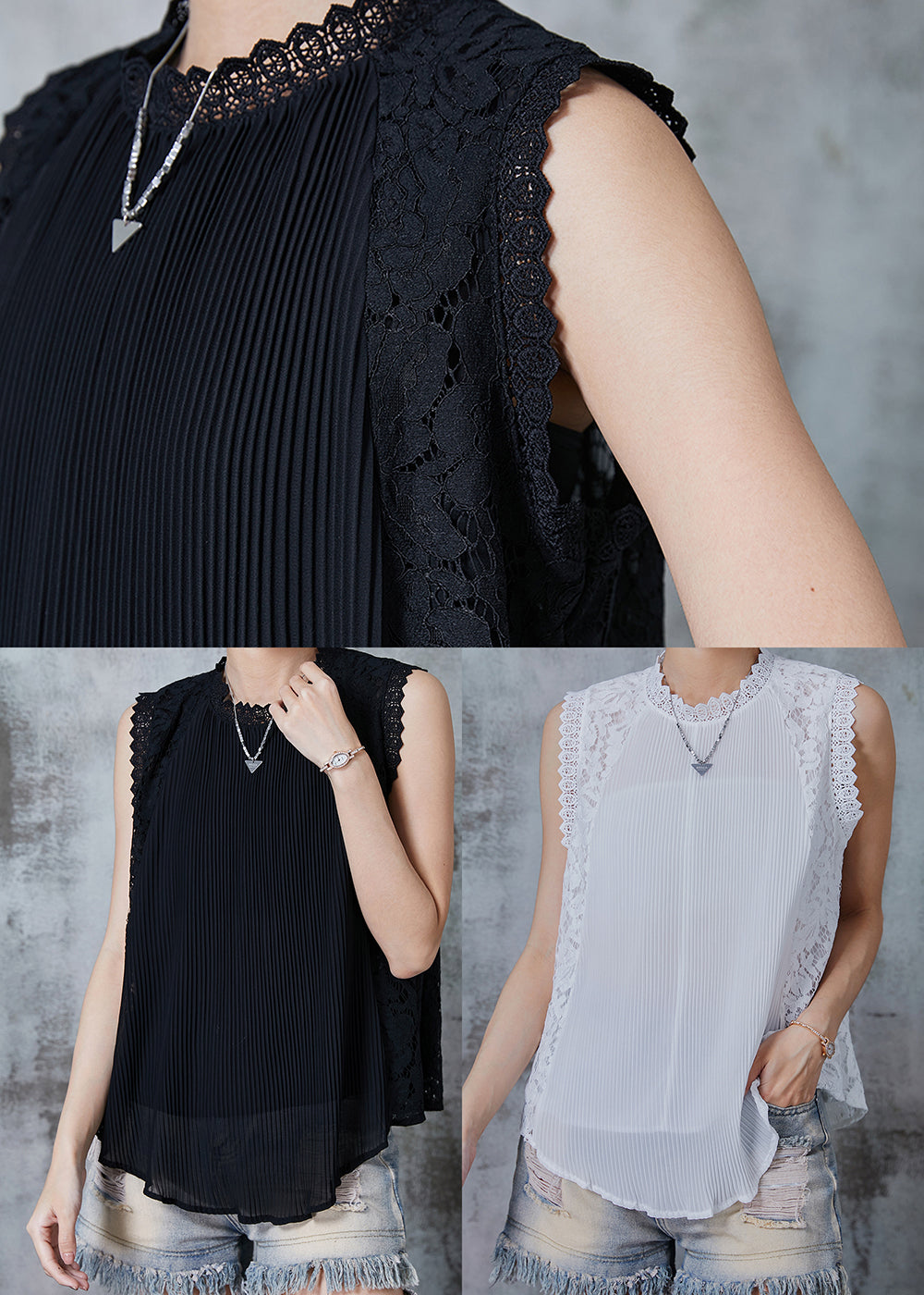 Débardeur froissé en patchwork de dentelle noire unique pour l'été QA1026