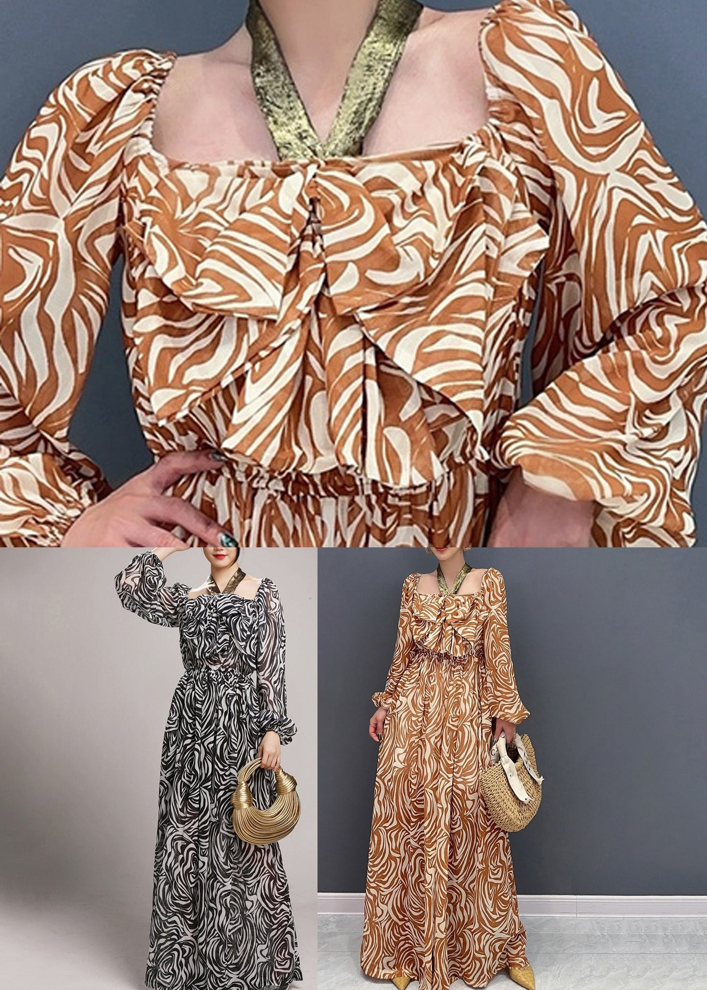 Neuartiger, langärmliger Jumpsuit aus zerknittertem Chiffon mit Kaffeedruck AO1045