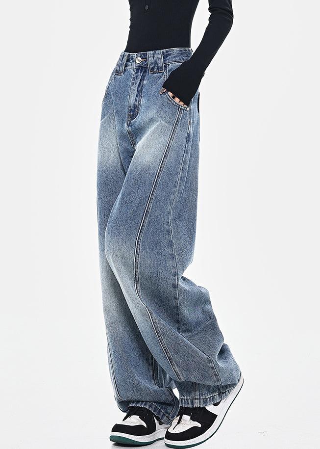 Pantalon mode poches hautes printemps bleu patchwork taille denim