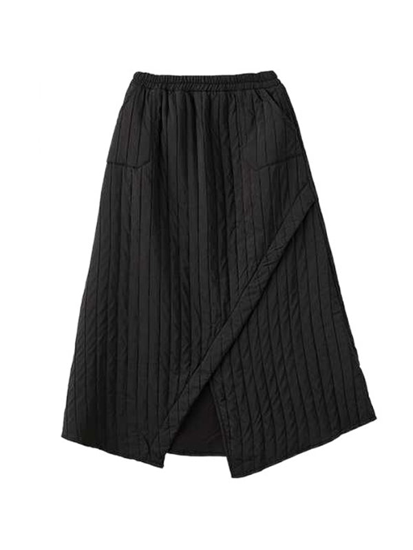 Schlichter schwarzer elastischer Rock mit hoher Taille, Taschen, gestepptem asymmetrischem Saum TW004