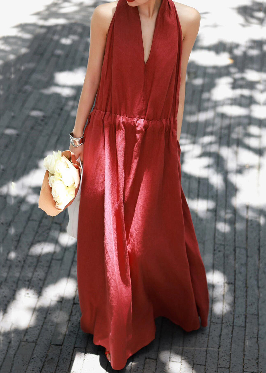 Kleid mit V-Ausschnitt, einfarbig, Baumwolle, lang, rot, hochgeschlossen, Sommer
