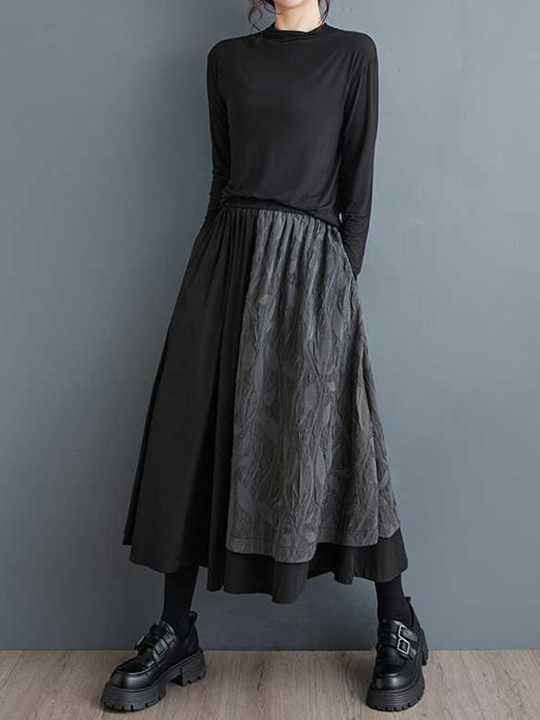 Pantalon large taille haute ample vintage noir avec poches et texture jacquard patchwork, culotte WS002