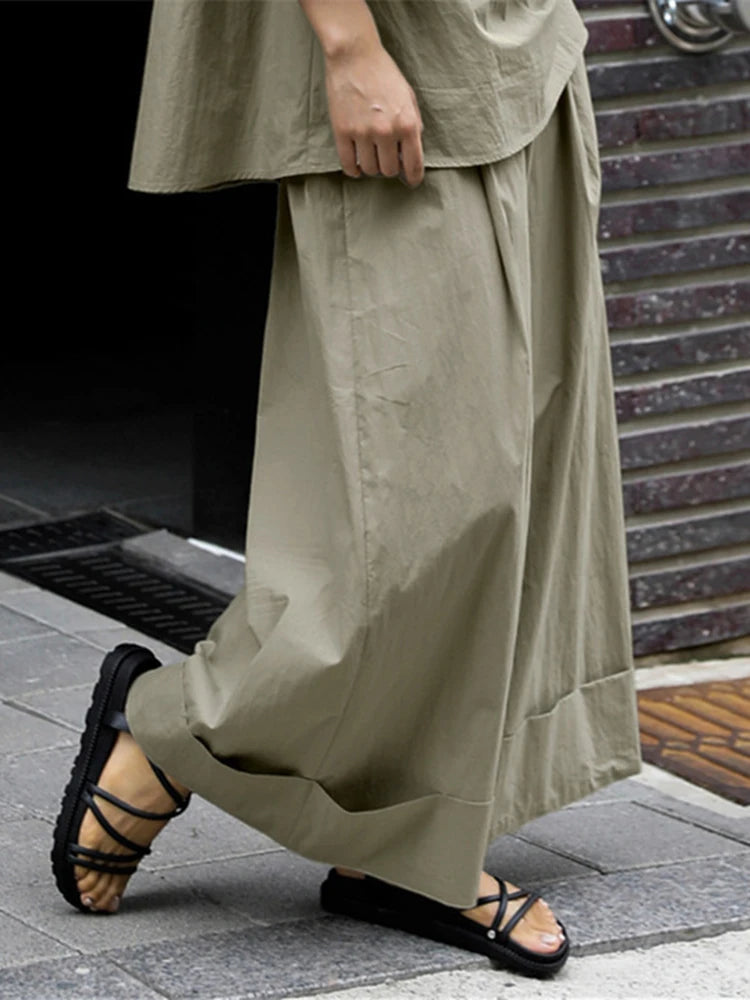 Elastische Bio-Hose mit weitem Bein in Khaki