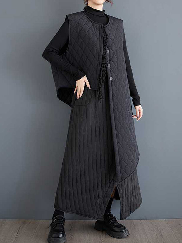 Lässige schwarze asymmetrische Steppweste mit Rundhalsausschnitt und Knöpfen, ärmellos, gepolstert TW014