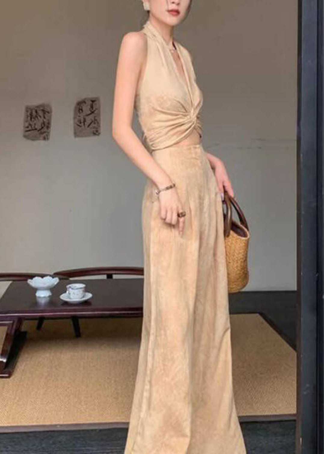 Ensemble deux pièces gilet froissé imprimé licou et pantalon large sans manches AN1008