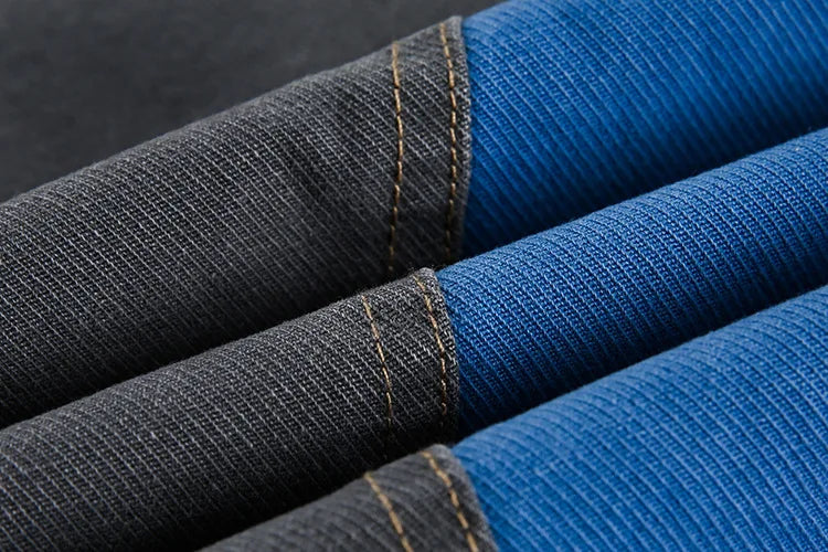 Art Lapel Blaue Colorblock Langarm-Jeansjacke mit Reißverschluss TW017