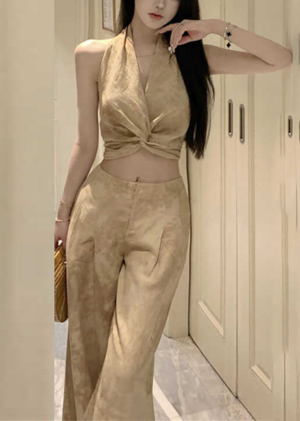 Ensemble deux pièces gilet froissé imprimé licou et pantalon large sans manches AN1008