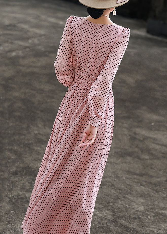 Ärmel Hals Rosa Slim Fit Kleider Dot Lange O Chiffon