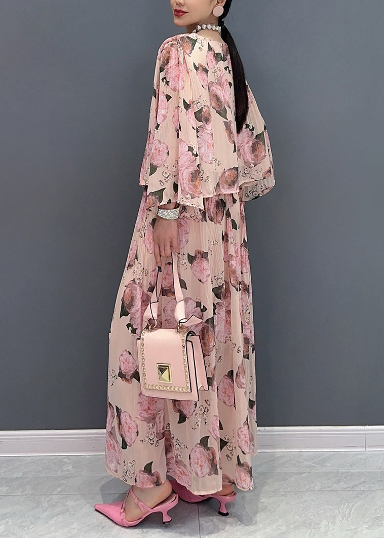 Ensemble deux pièces en mousseline de soie imprimé rose élégant à col rond pour femme Vêtements d'été AO1010