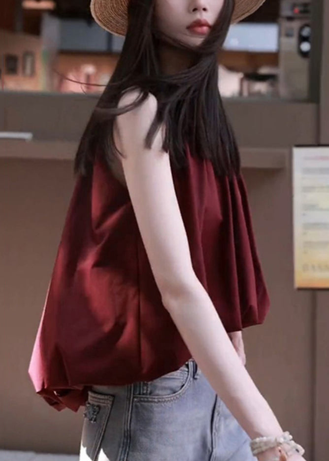 Elegantes weinrotes Low-High-Design, ärmelloses Top aus massiver Baumwolle QP032