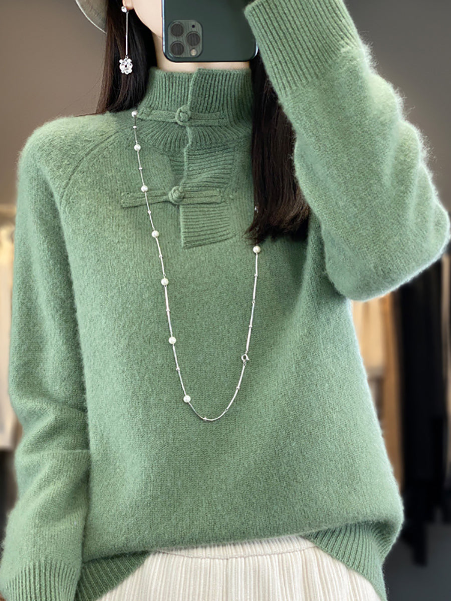 Pull à boucle 100 % laine à col roulé vintage pour femme, automne BA1040
