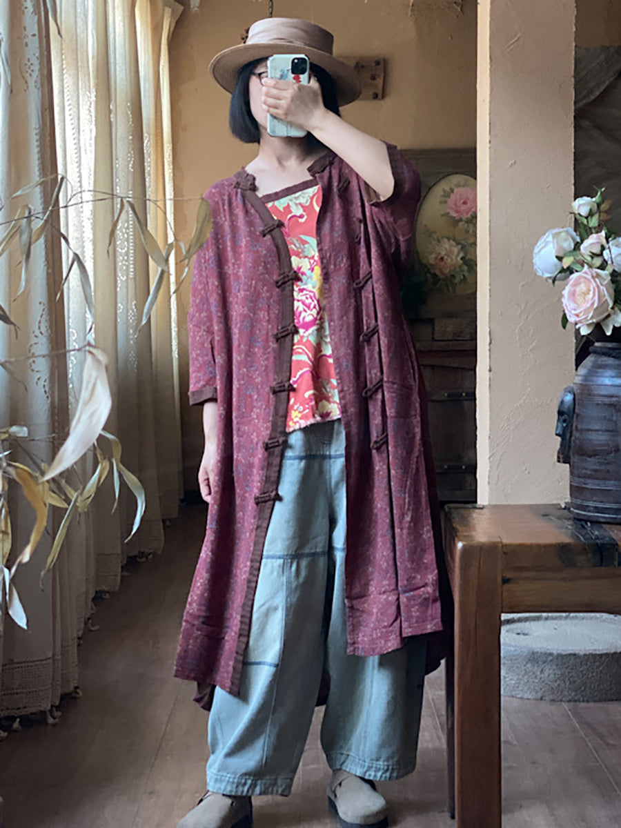 Women Vintage Floral Colorblock Button-up Long Shirt Dress KL1034